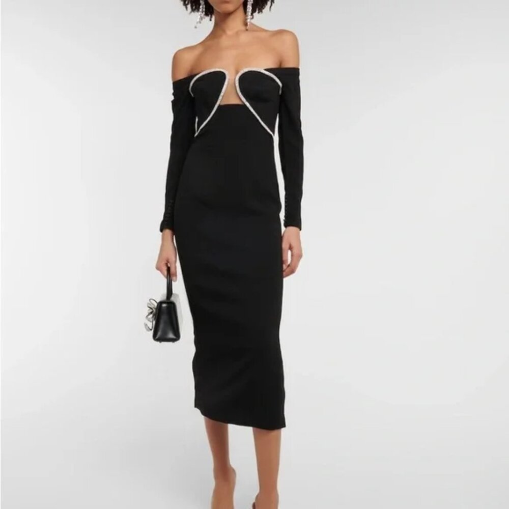 NWT Self-Portrait Black Off Shoulder Crepe Midi Dress